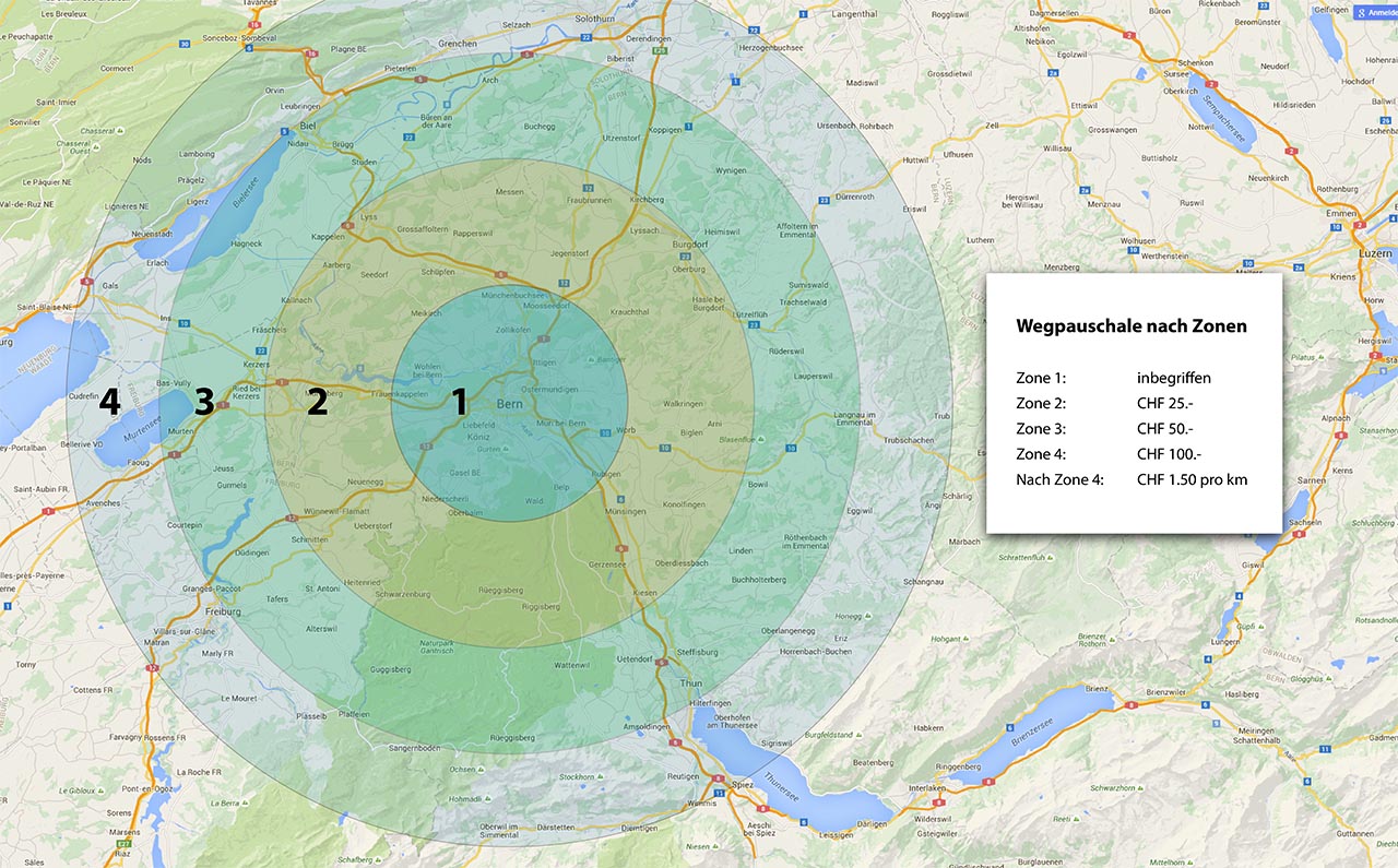 Wegpauschale nach Zone in Bern, Hinterkappelen, Wohlen, Illiswil, Uettligen, Säriswil, Zollikofen, Ostermundigen, Wabern, Belp